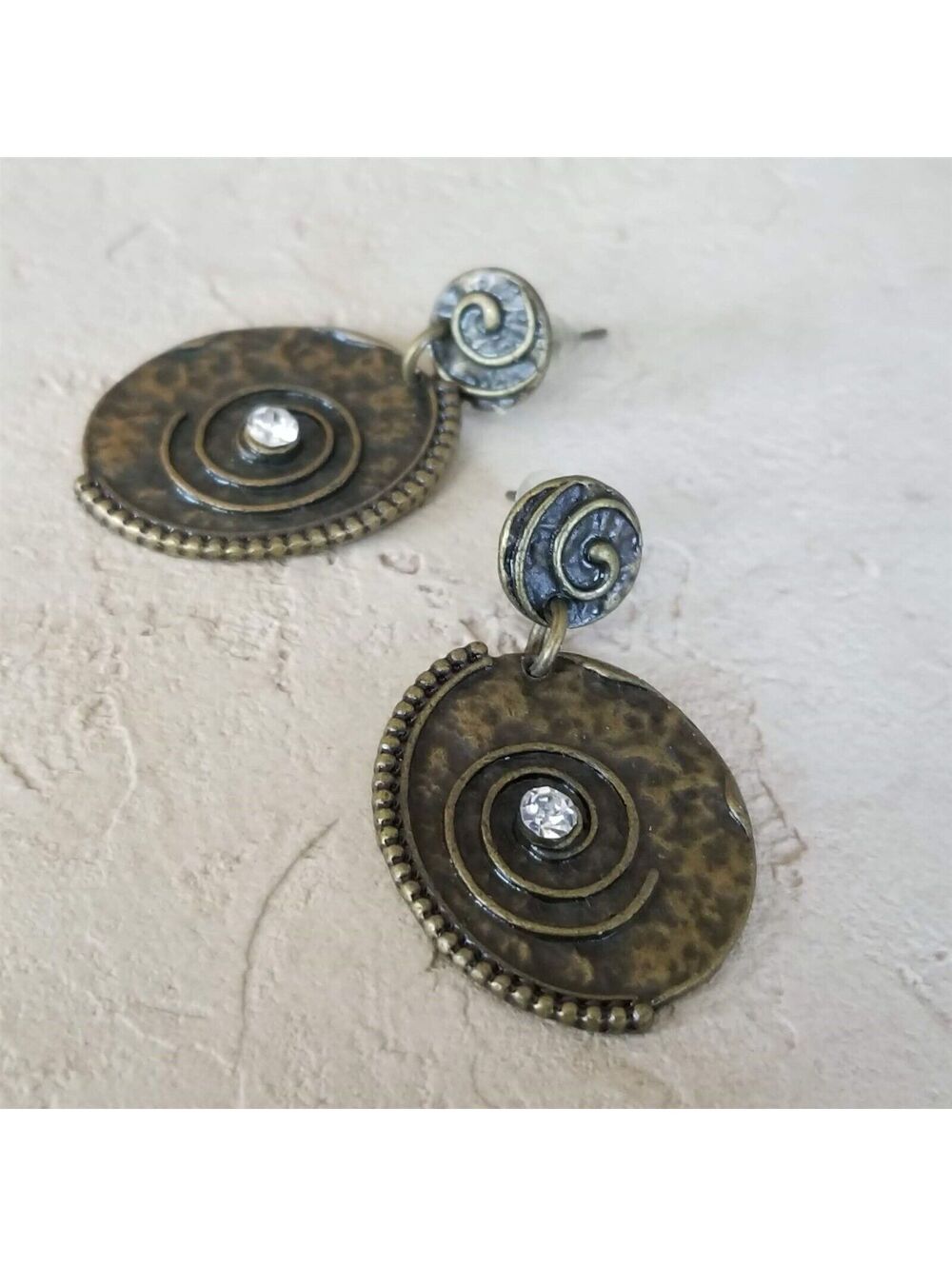 Bronze Steampunk Crystal Rhinestone Carved Chunky Metal Dangle Earrings